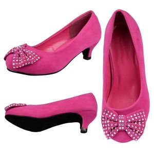 Girls Bow Suede Low Heels Dress Pumps HEART-87